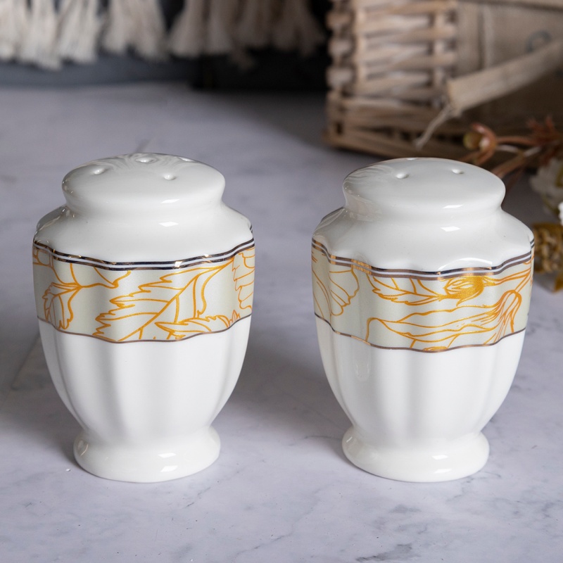 Salt and Pepper Shaker with Gold Decal, New Bone China Seasoning Set, Custom Logo Supported