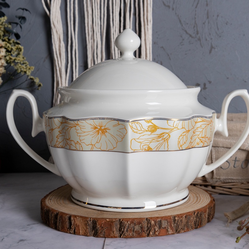 120OZ Soup Tureen with Gold Decal, New Bone China Tableware, Custom Logo Supported