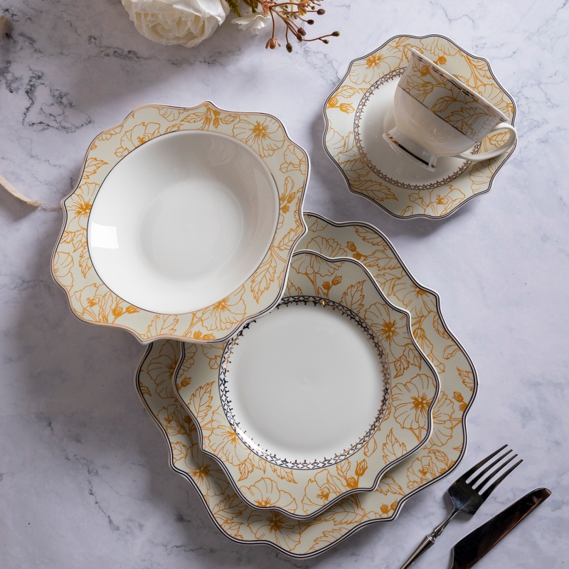 30-Piece Embossed Gold Paper New Bone China Dinner Set, Plates, Bowls, Cups & Saucers