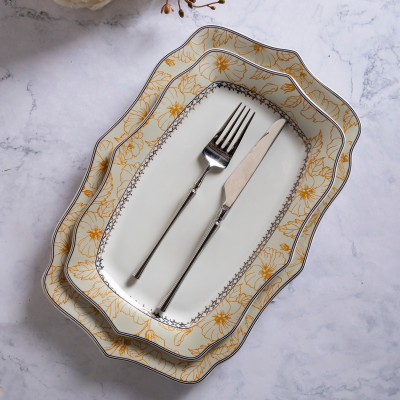 12"/14" Rectangular Plate with Gold Decal, New Bone China Tableware,Custom Logo Supported