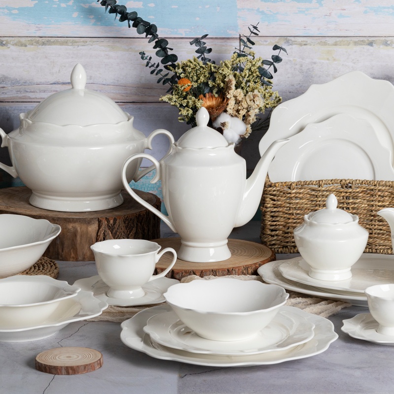Embossed Lotus Rim Pure White New Bone China Set, Plates Bowls & Cups, Elegant Design, Custom Decal