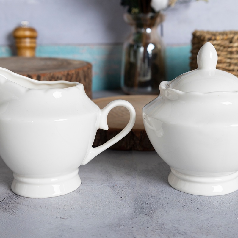 350ML Lotus Rim Sugar Pot + 300ML Creamer, Embossed New Bone China Tableware, Custom Decal Supported