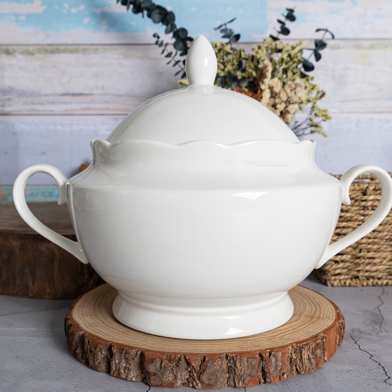 3000ML Lotus Rim Embossed New Bone China Soup Pot, Pure White Body, Custom Decal Supported