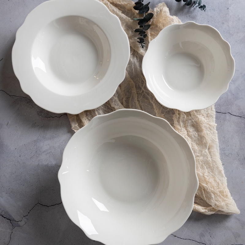 12/18PCS Embossed Lotus Rim Pure White New Bone China Set, Plates & Bowls, Custom Decal