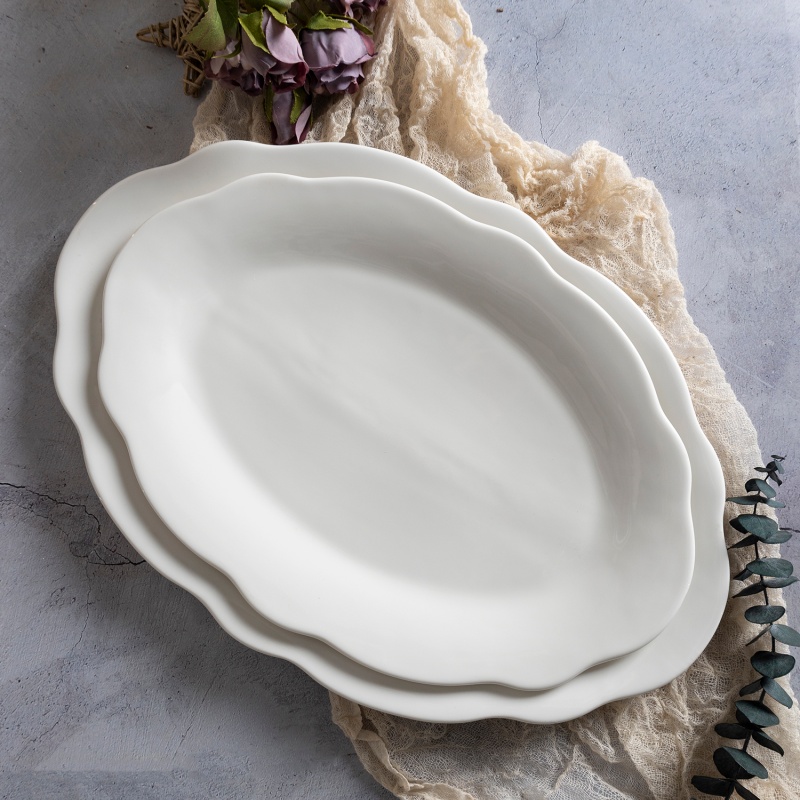 12"/14" Lotus Rim Embossed Oval Plate, Pure White New Bone China Tableware, Custom Decal Supported