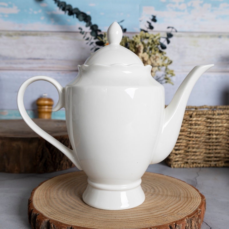 1250ML Lotus Rim Embossed New Bone China Teapot, Pure White Body Tableware, Custom Decal Supported