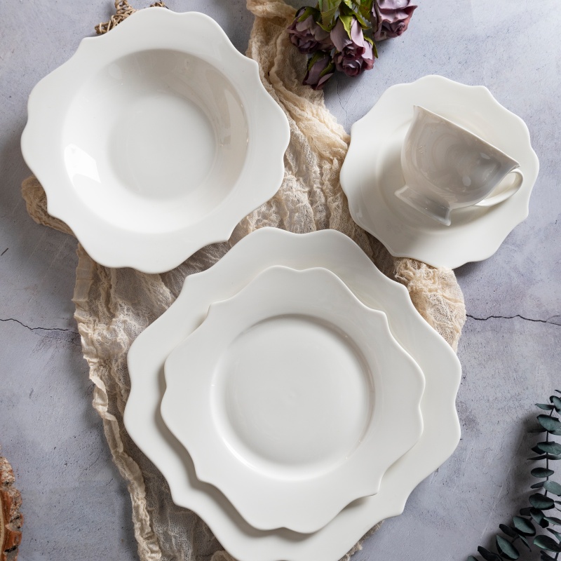 20/30PCS Embossed Lotus Rim Pure White New Bone China Set, Plates & Bowls, Custom Decal