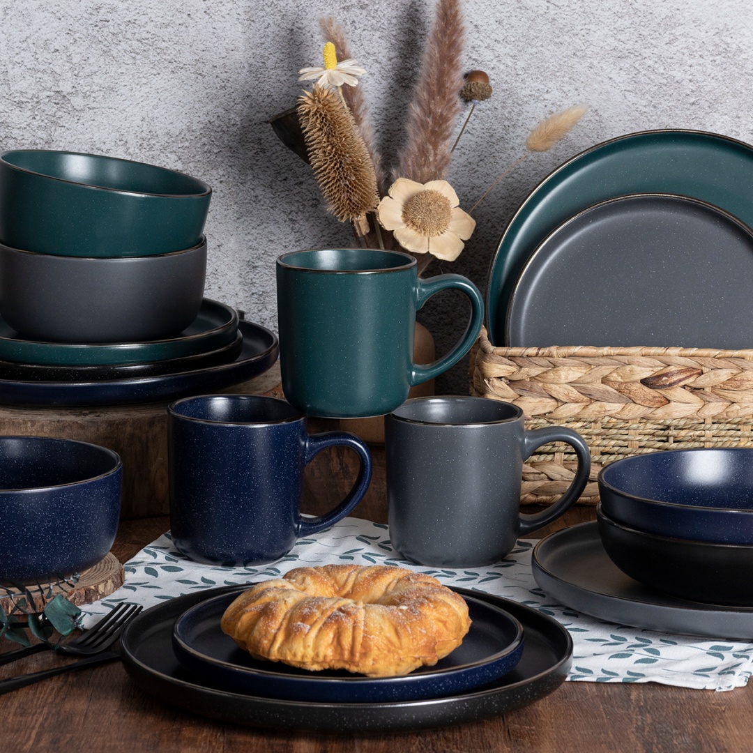 SET16 DINNER SET SHINNY FINISH WITH SPECKLES AND METALLIC RIM stoneware home wholesale supermarket