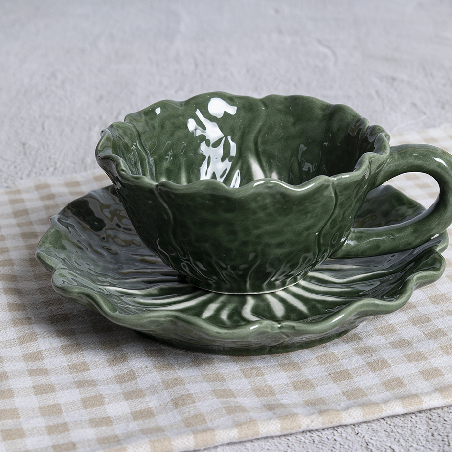 Ceramic coffee, milk, tea cups & saucers cabbage tableware series suit for textured dining tables