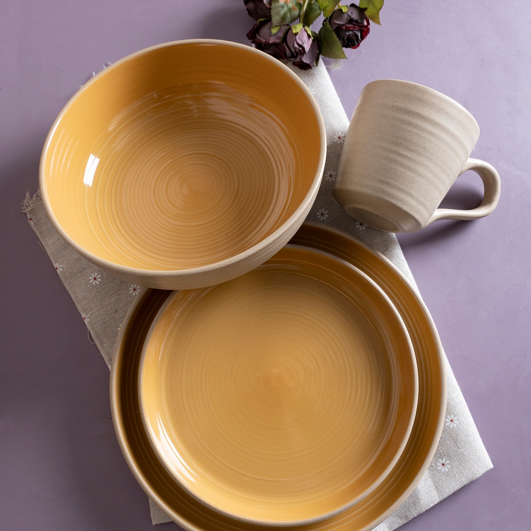 SET16 DINNER SET , CIRCLE EMBOSSED IN TWO TONE COLOR GLAZE stoneware home wholesale supermarket