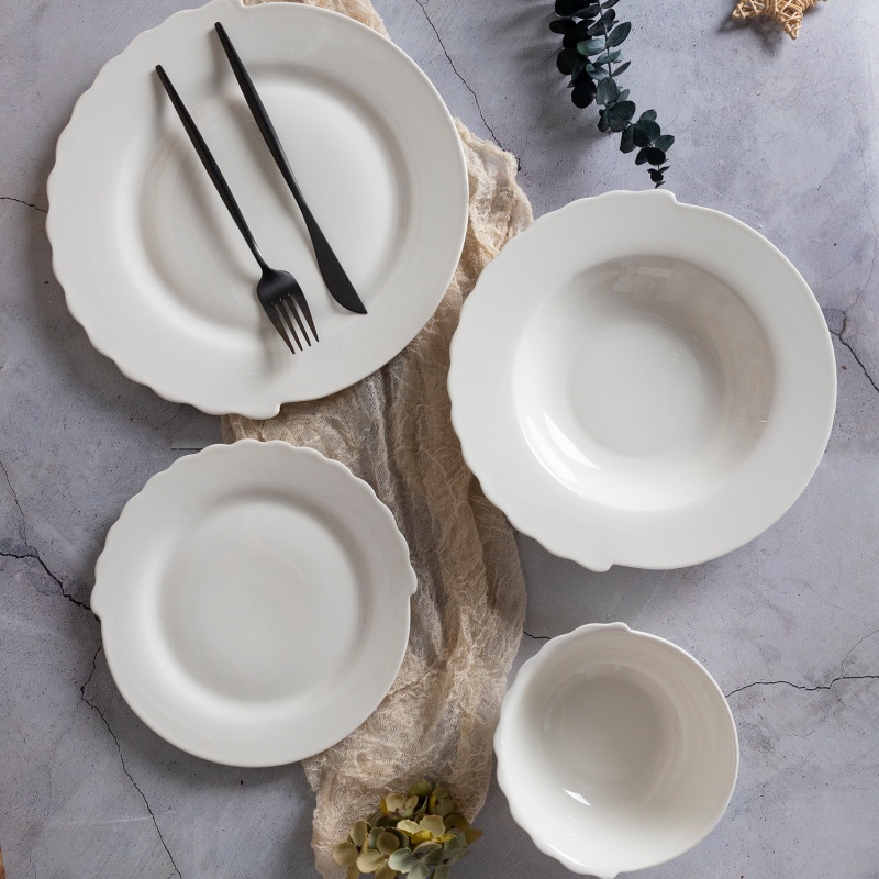Round Lotus Rim New Bone China Tableware Set, Embossed Pure White Design, Plates Bowls & Cups