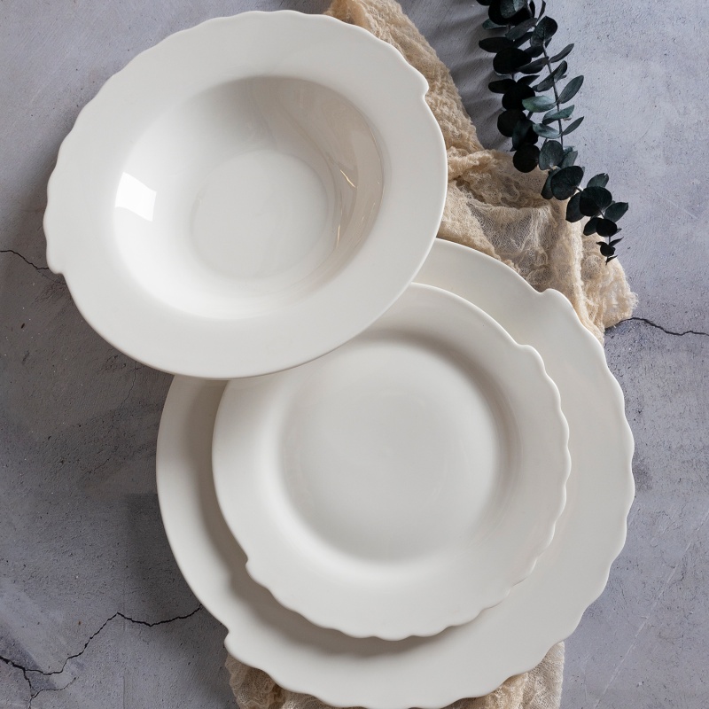 18-Piece Round Lotus Rim New Bone China Dinner Set, 28.2/20.6/26.3CM Plates, Custom Decal
