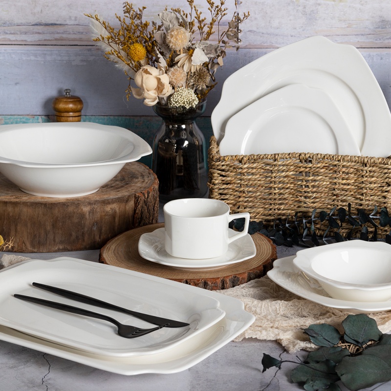 Square Round Edge New Bone China Dinner Set, Plates Bowls & Cups, Pure White Design, Custom Decal