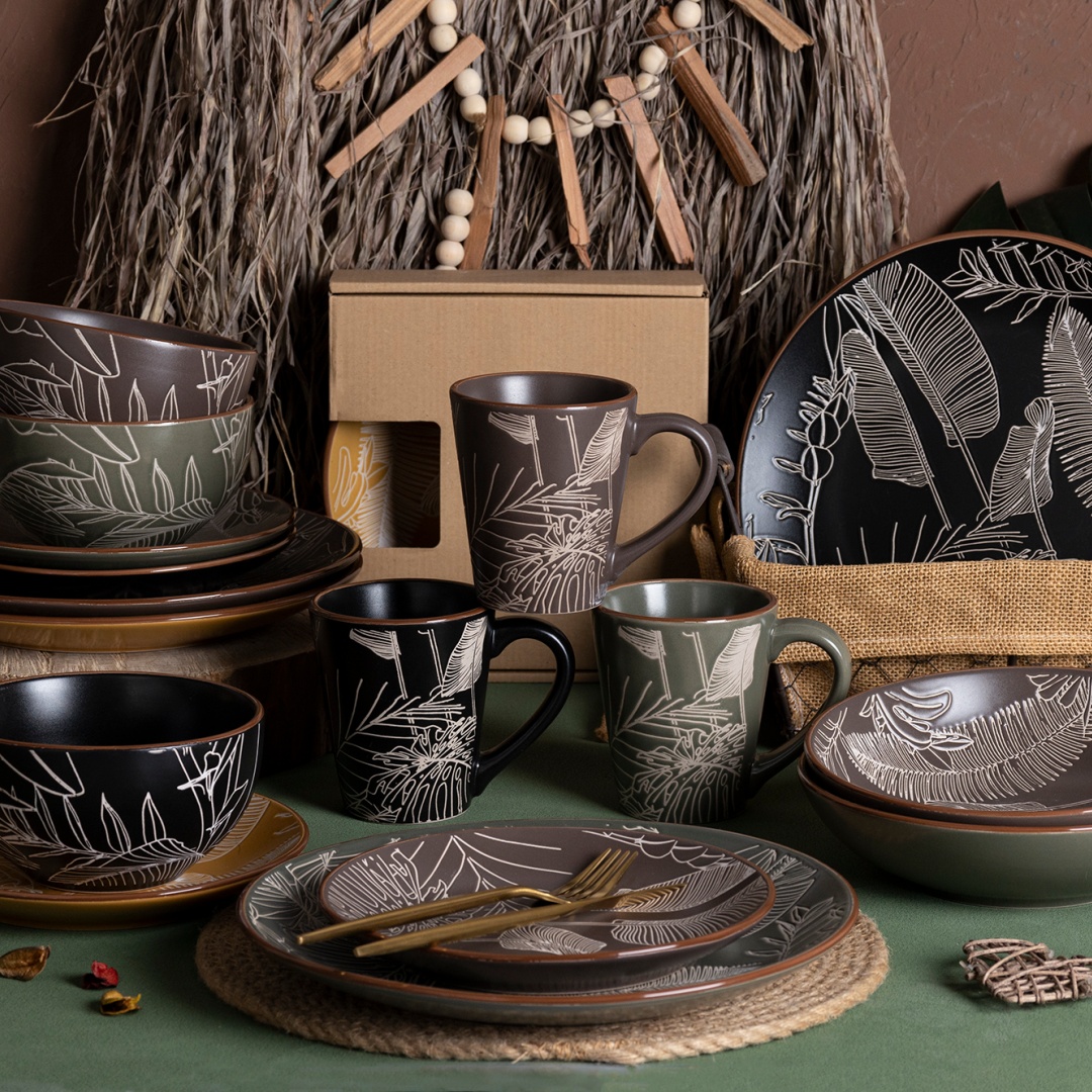 SET16 DINNER SET UNDERGLAZE PAD PRINTING WITH BROWN RIM stoneware home wholesale supermarket