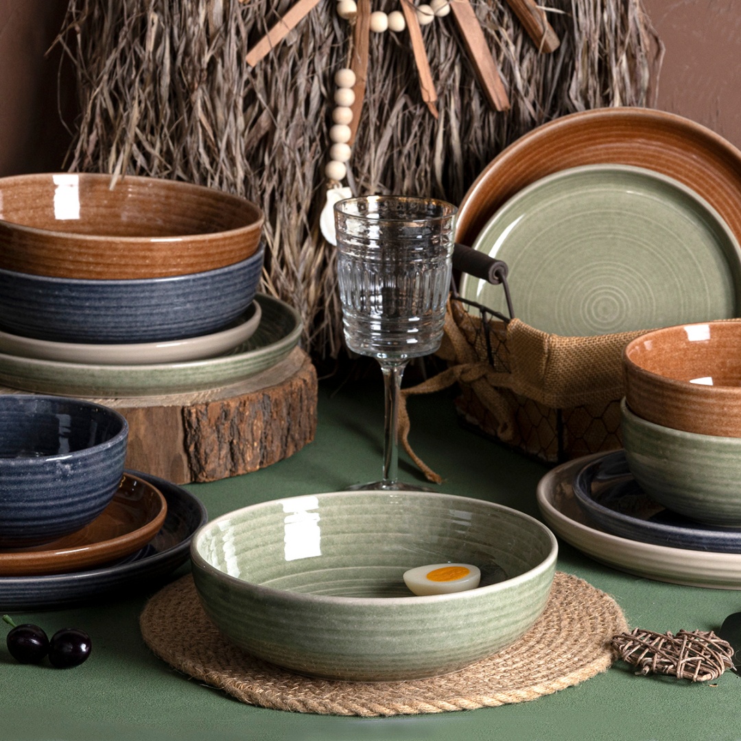 CIRCLE EMBOSSED IN SHINNY REACTIVE GLAZESET16 DINNER SET stoneware home wholesale supermarket
