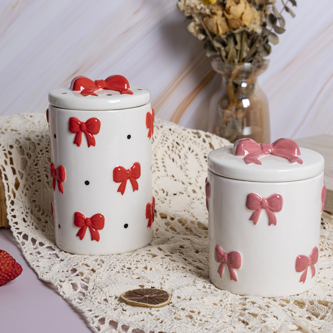Bow - decorated Ceramic Storage Jars, Adorable - style Kitchen Food Storage Containers