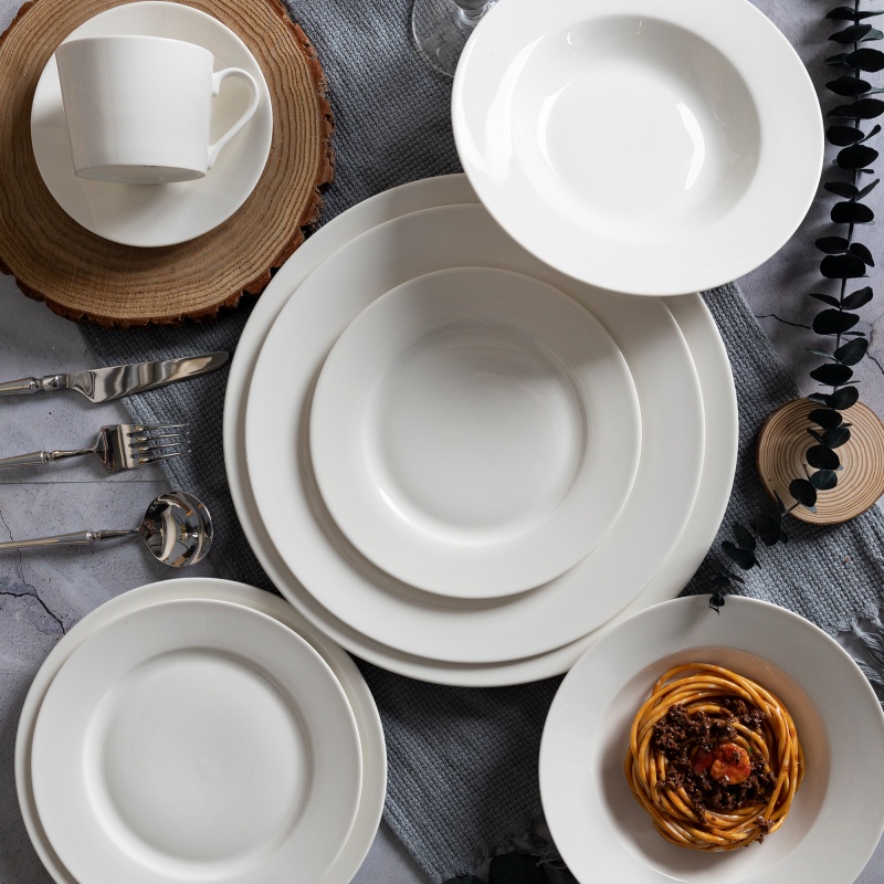 Folded Edge New Bone China Tableware Set, Pure White Plates Bowls & Cups, Custom Decal Design