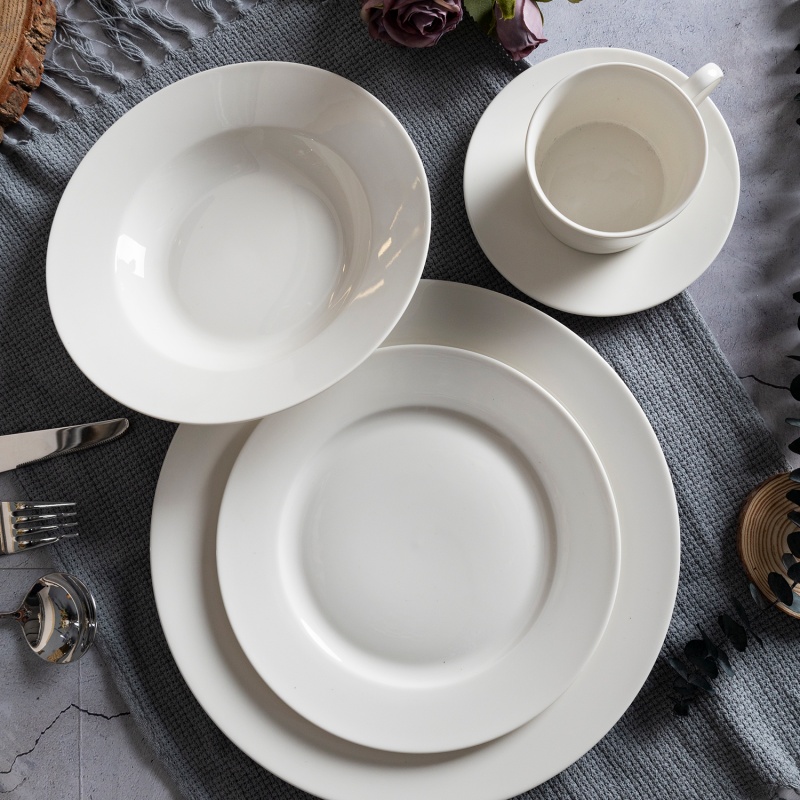 20/30PCS Folded Edge New Bone China Dinner Set, Pure White Plates Bowls & Cups, Custom Decal Design
