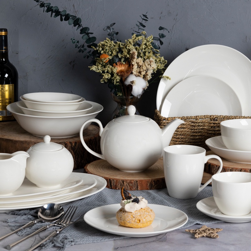 Round New Bone China Tableware Set, Pure White Plates Bowls & Cups, Simple Modern Design
