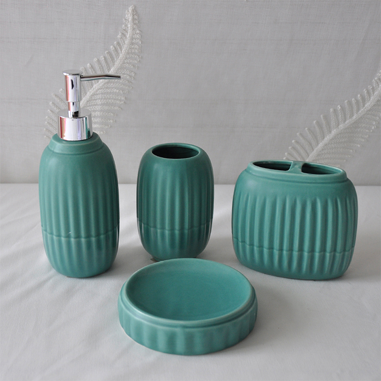 Green Color Bathroom Dispenser Set Ceramic Quality Bath Set Custom Logo Printed Elegant Bathroom Set