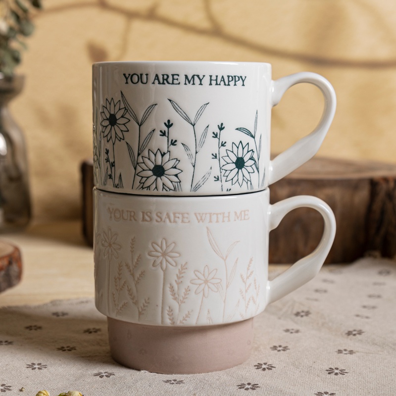 11OZ Embossed Botanical Stackable Ceramic Mug – Nordic Minimalist Style