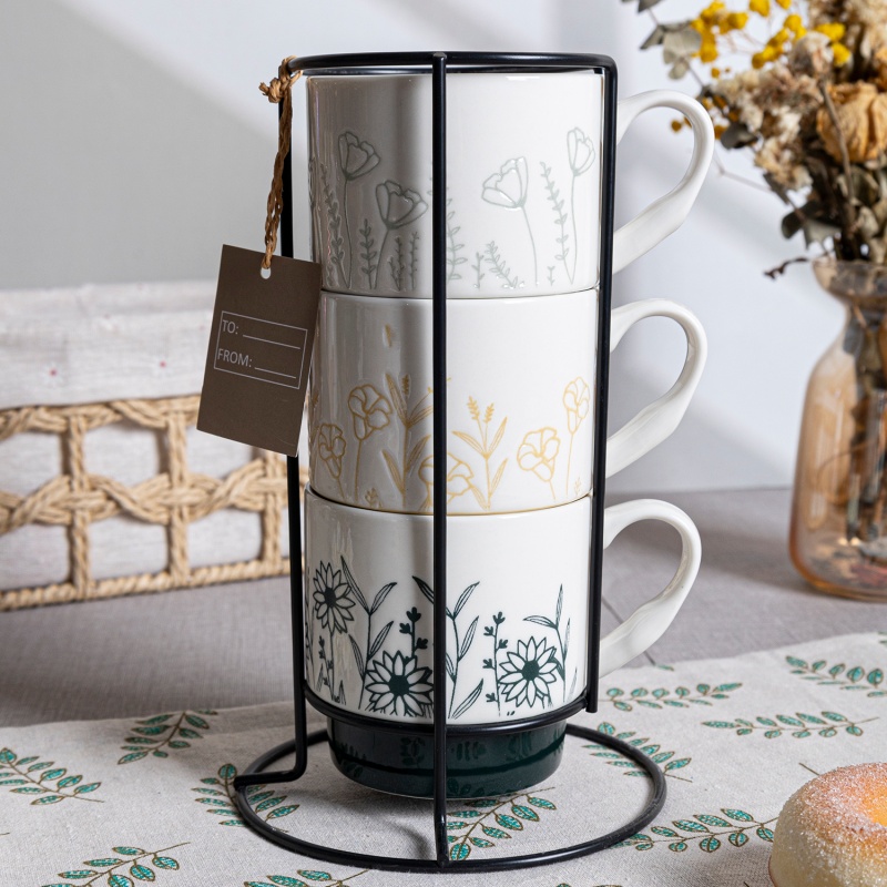 11OZ Botanical Embossed Mug Gift Set – Nordic Style Ceramic Cup