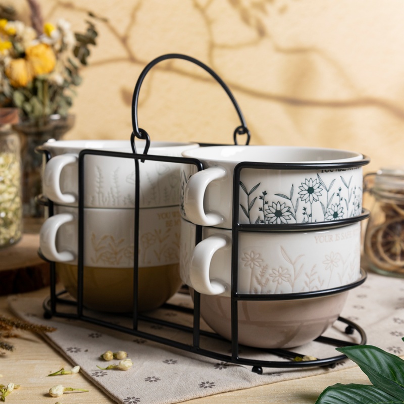 Botanical Embossed Bowl Set with Metal Rack – Nordic Ceramic Tableware