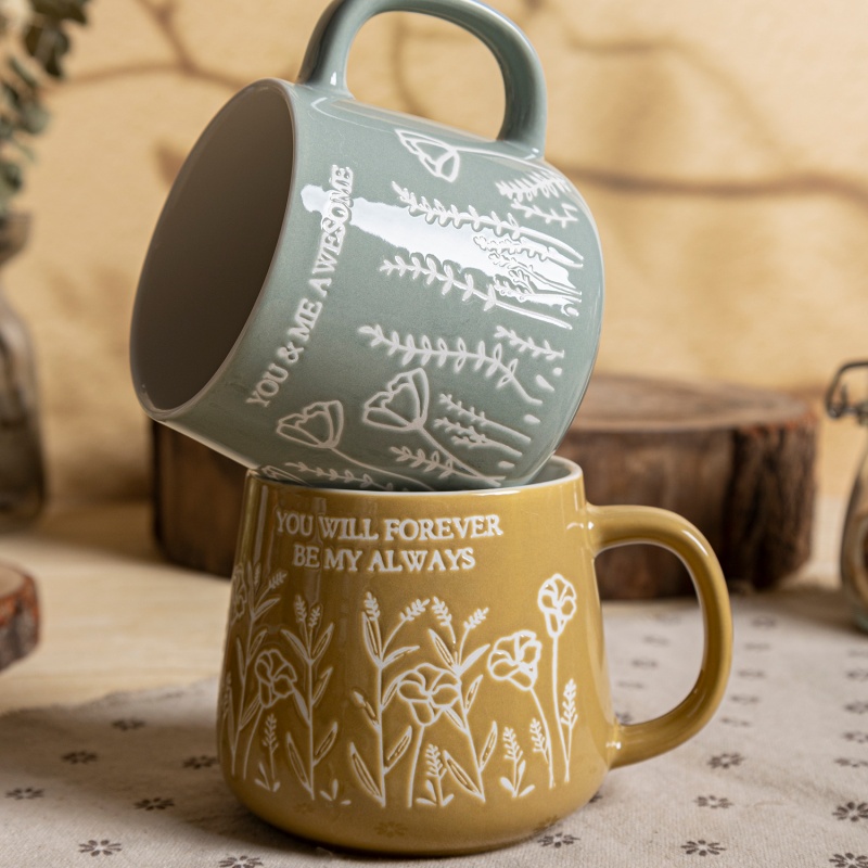 14OZ Floral Embossed Ceramic Mug – Ceramic Egg-shaped Cup