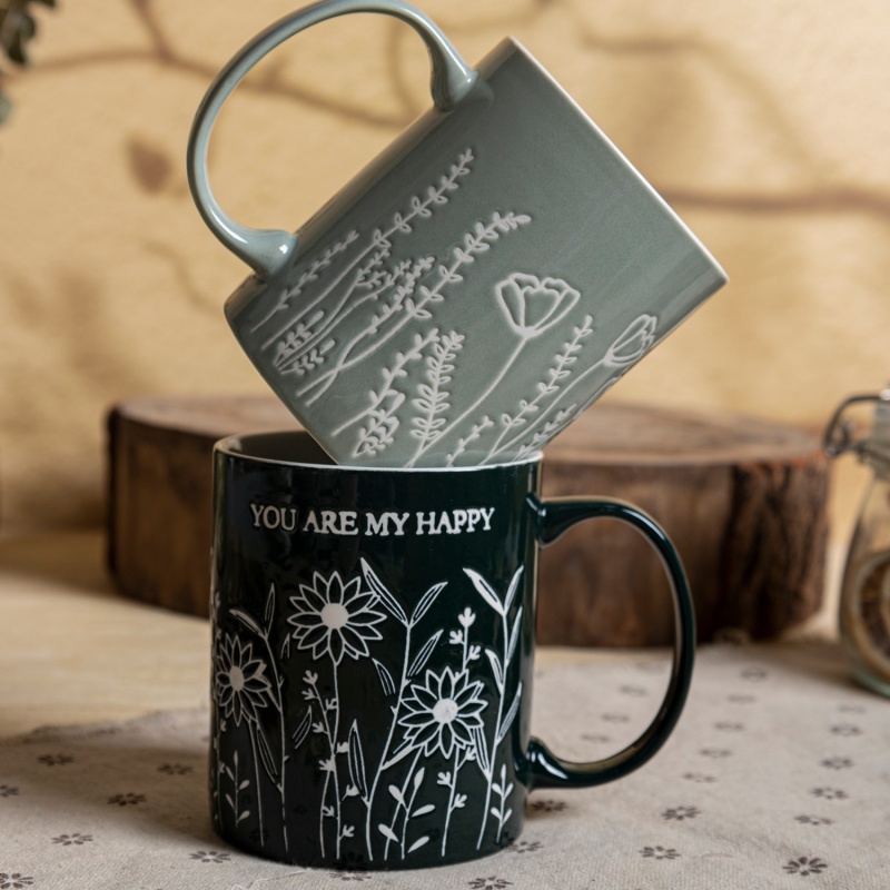 11OZ Floral Embossed Quote Mug –Inside White Outerside Color Glaze Healing Message Ceramic Cup