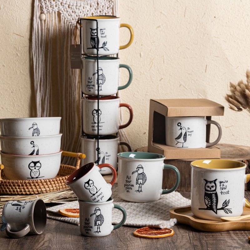Screen Printed Animal Ceramic Mug & Bowl Set – Nordic Minimalist Tableware