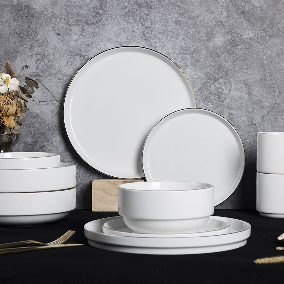 Happy Go white porcelain tableware set with gold/platinum trim for daily use