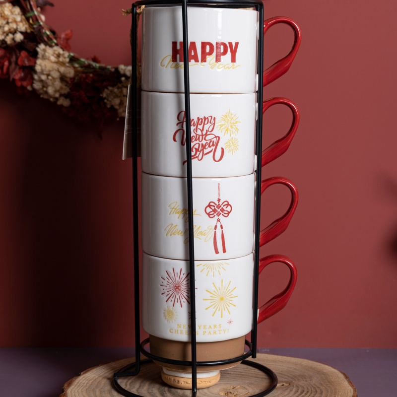 11OZ Firework Print Happy New Year Stackable Mug with Red Handle – Gift Box Edition