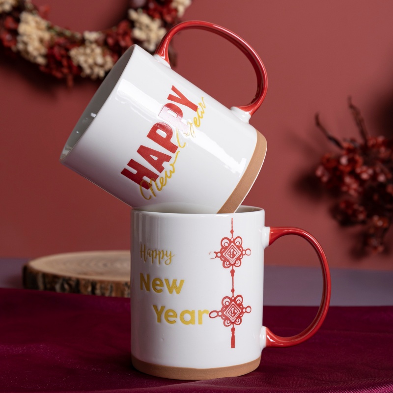 Happy New Year Ceramic Mug Set with Red & Gold Print