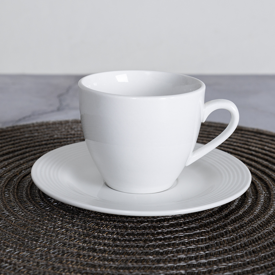 Happy Go fine thread embossed porcelain coffee cup and saucer tea cup and saucer set modern style