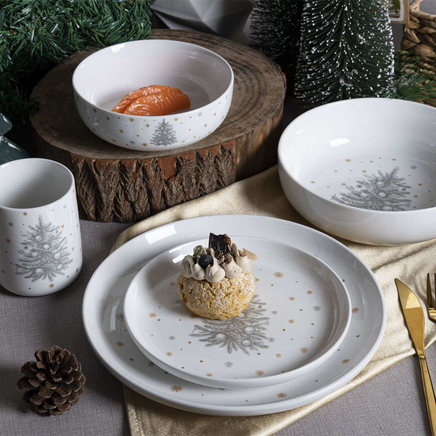 Happy Go Christmas - themed Decal White Porcelain Tableware Set, Multiple Matches for Festive Warmth