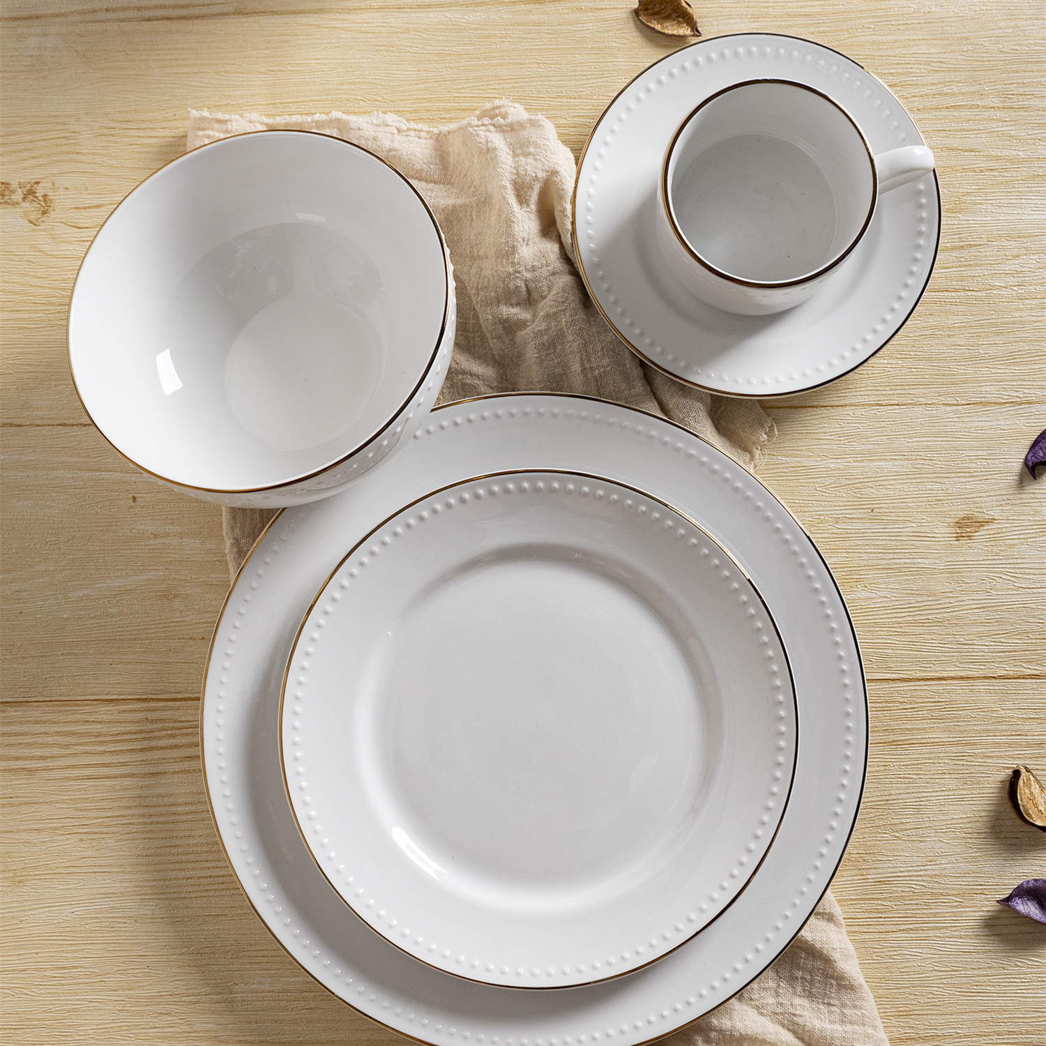 Happy Go Porcelain Tableware Set with Embossed Dot and Gold rim Multiple Collocations