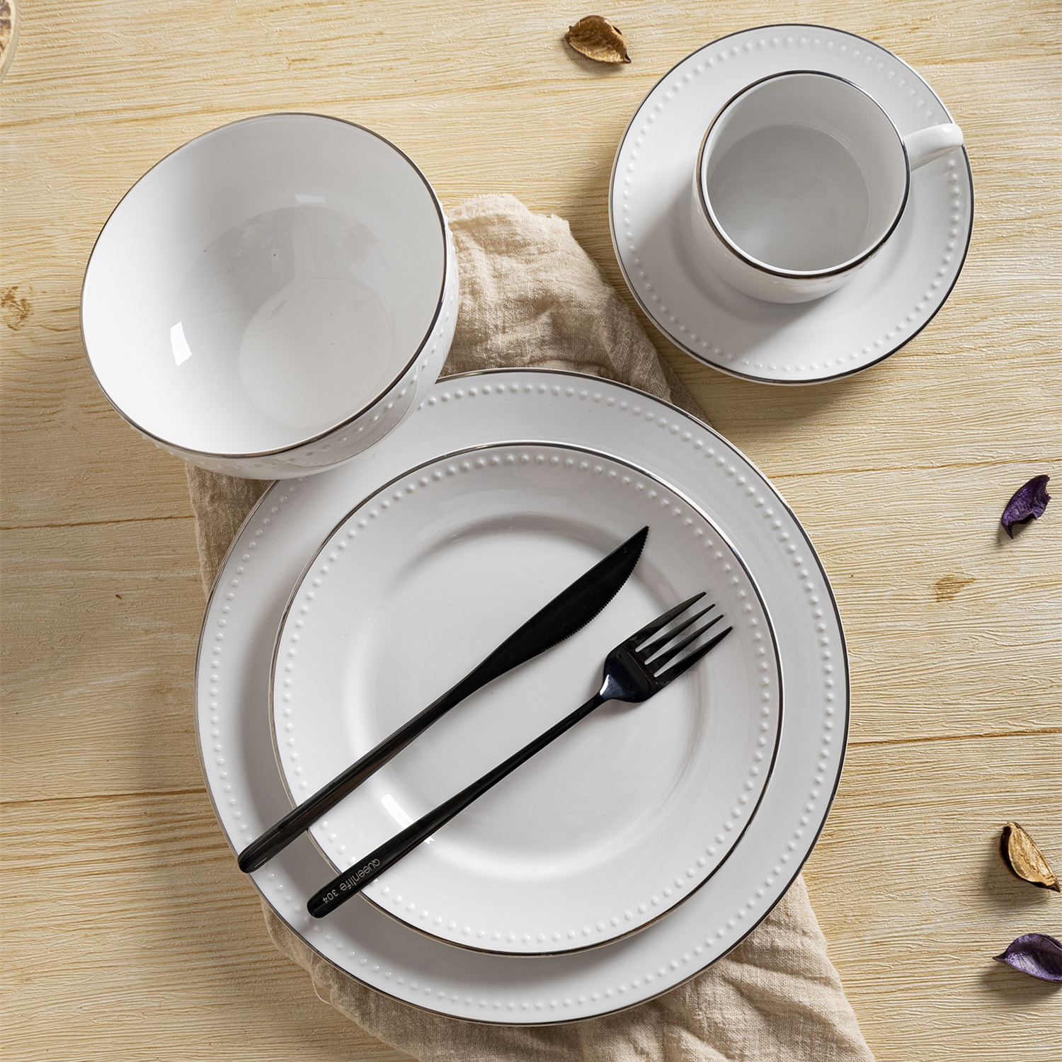 Happy Go Porcelain Tableware with Embossed Dot Silver rim Dinnerware Set for Luxury Texture