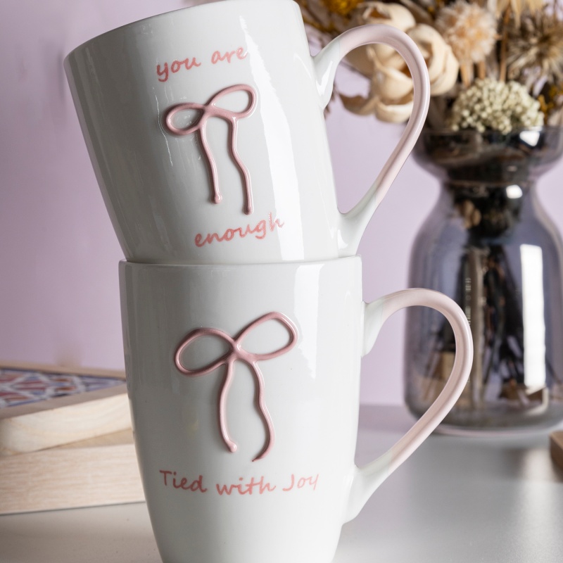 8OZ Drum-Shaped Mug with Bow Relief Glaze