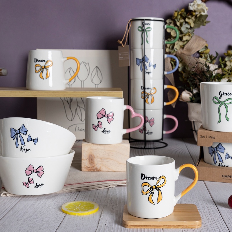 Handpainted Bow Ceramic Mug & Bowl Collection – Color Glaze Tableware