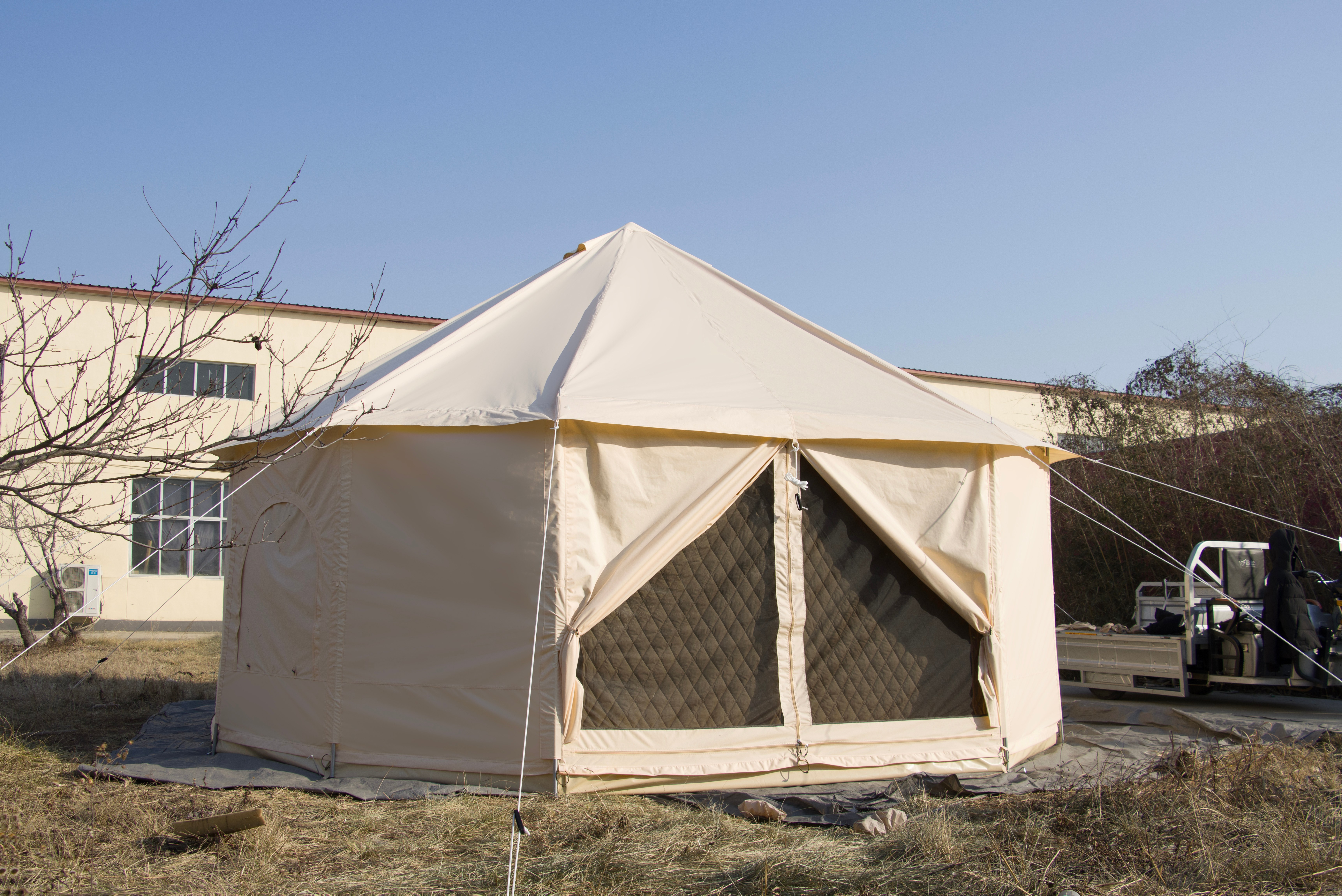 5 meter beige cotton bell tent with side poles
