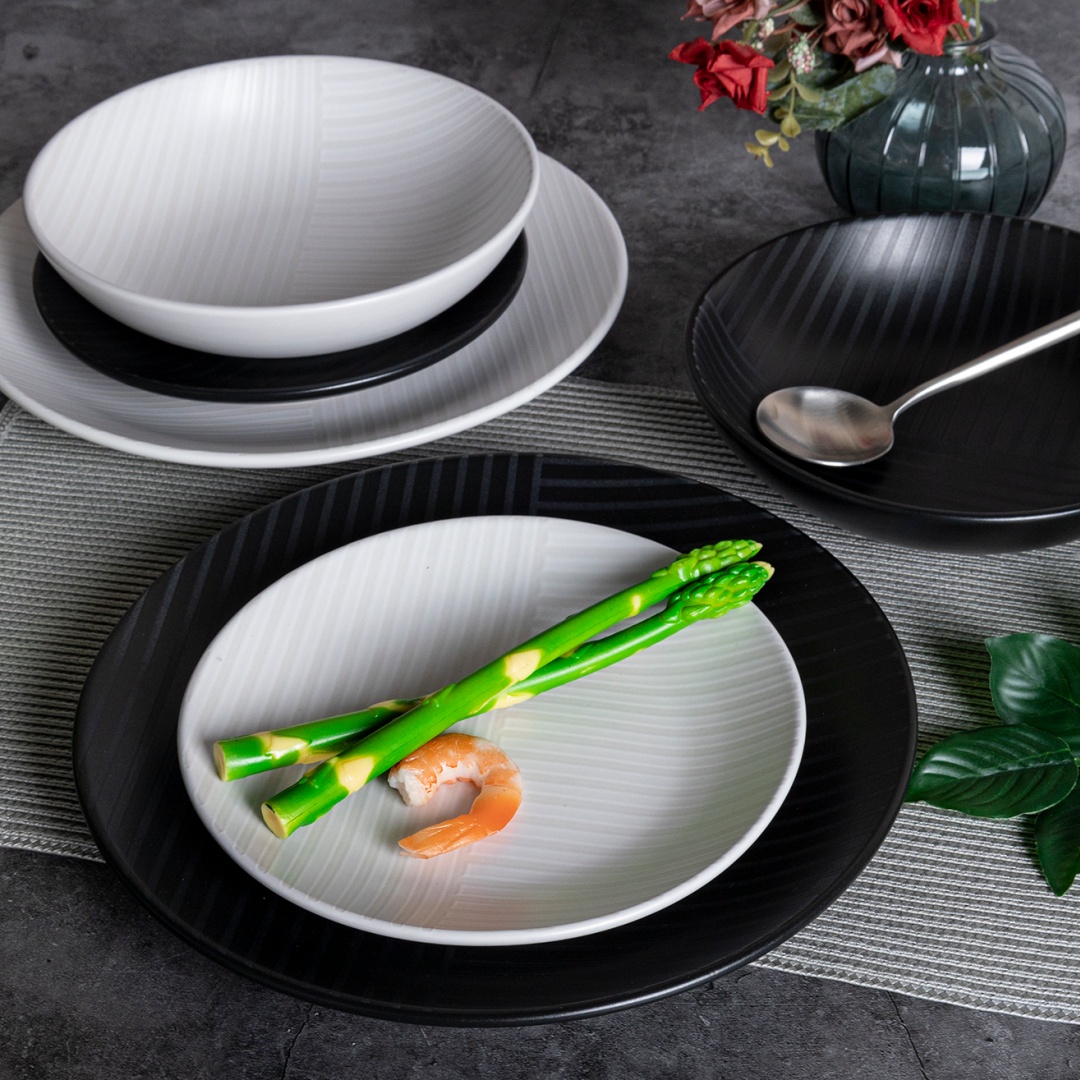 Stoneware moonware shape dark relief glaze ceramic tableware set housewares