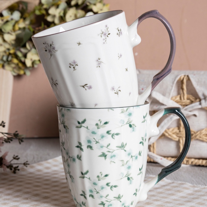 12oz White Porcelain Milk Mug with Flora Embossed Design, Full Decal, Colored Rim & Glazed Handle