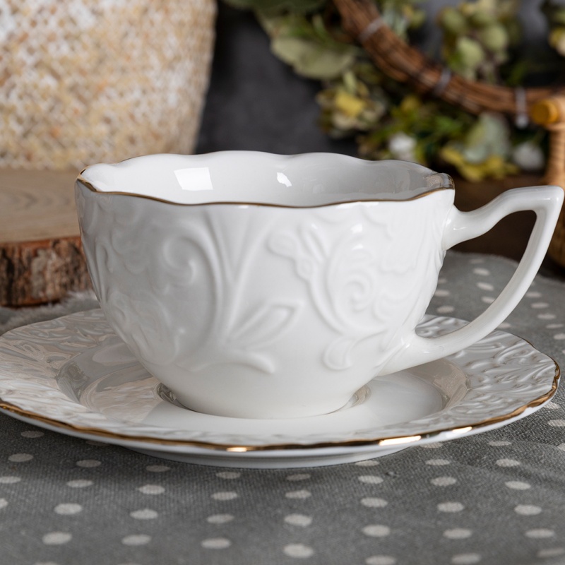 7oz & 3oz White Porcelain Cup & Saucer Sets with Embossed Flora Design & Gold Rim, Elegant Tableware