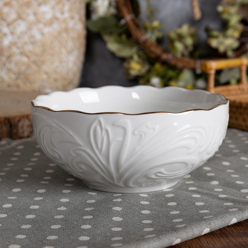 13.5cm (430ml) White Porcelain Bowl with Embossed Design & Gold Rim, Elegant Tableware