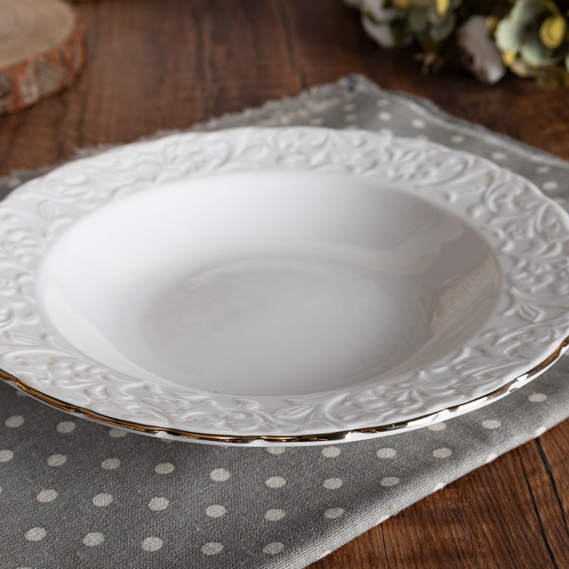 22cm (270ml) White Porcelain Soup Plate with Embossed Design & Gold Rim, Elegant Tableware