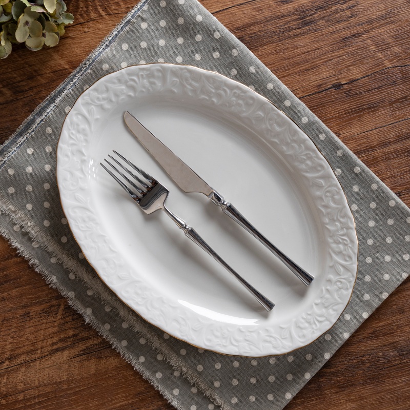 30.5cm White Porcelain Fish Plate with Embossed Design & Gold Rim, Elegant Tableware