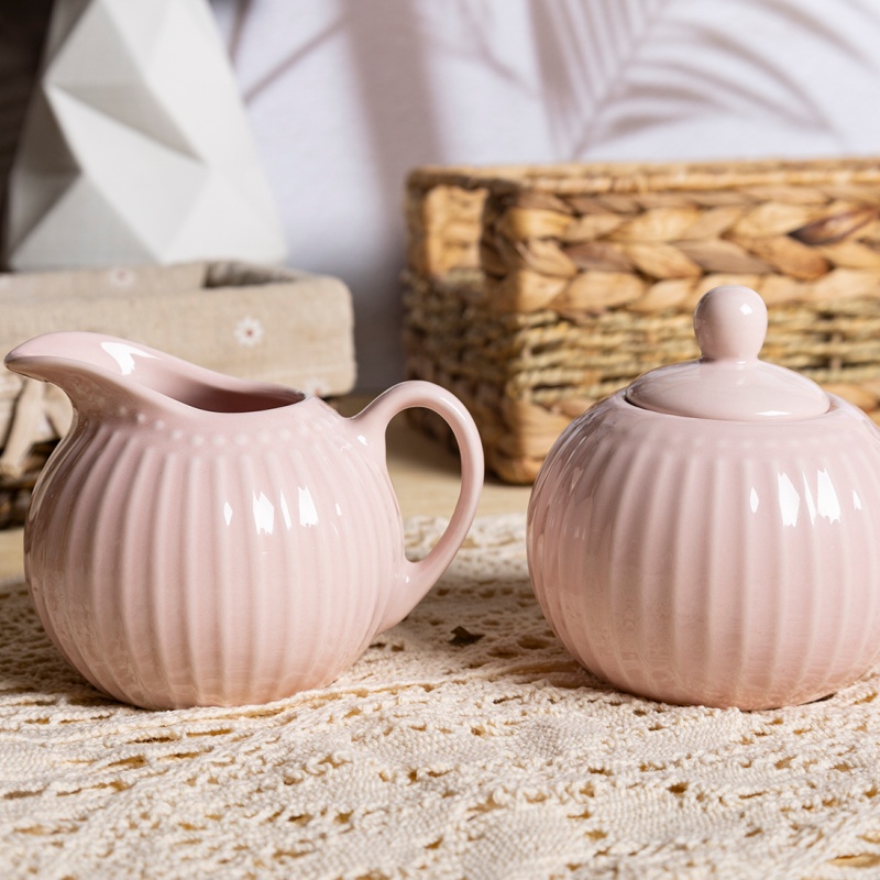 300ml Sugar Pot & 250ml Milk Jug with Embossed Design & Pink Glaze, Elegant Porcelain Tableware Set