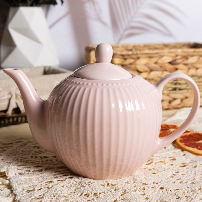 1.1L White Porcelain Teapot with Embossed Design & Pink Glaze, Elegant Ceramic Teaware