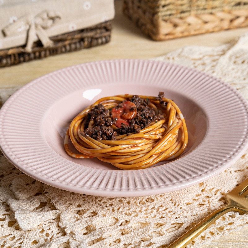 8.75" White Porcelain Soup Plate with Embossed Design & Pink Glaze, for Pasta, Salad & Soup