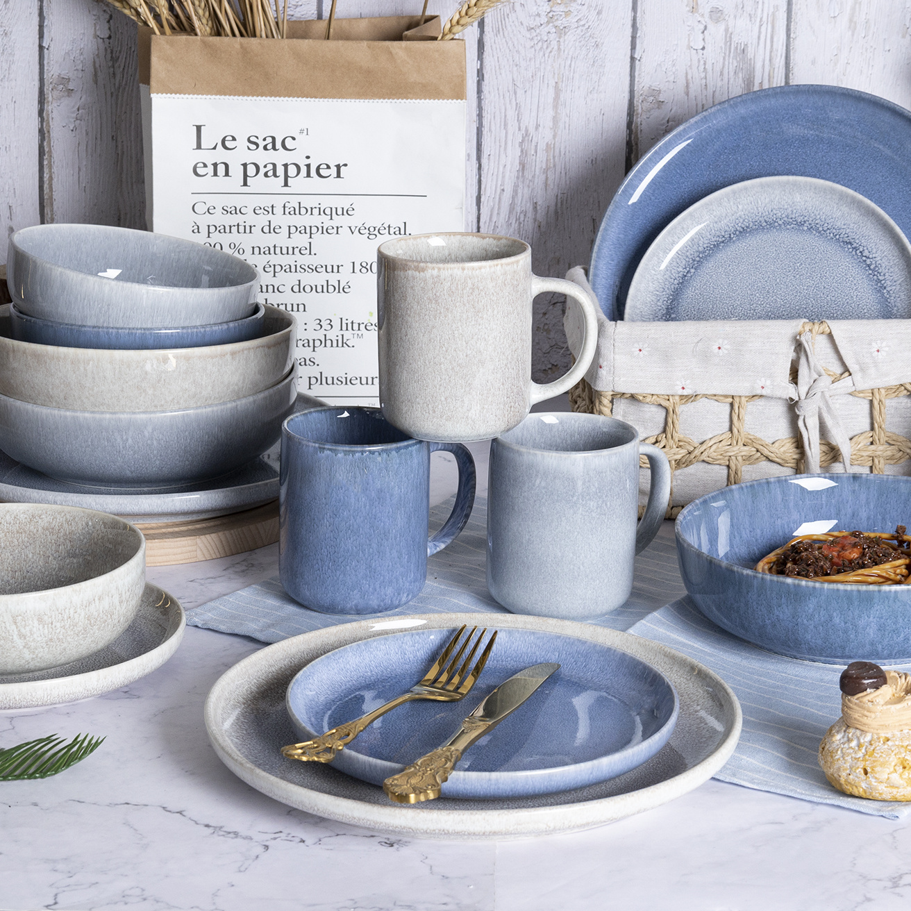 Happy Go Porcelain Reactive Glaze Tableware Set Gradient Blue-Gray Tones Showcasing Elegant Texture